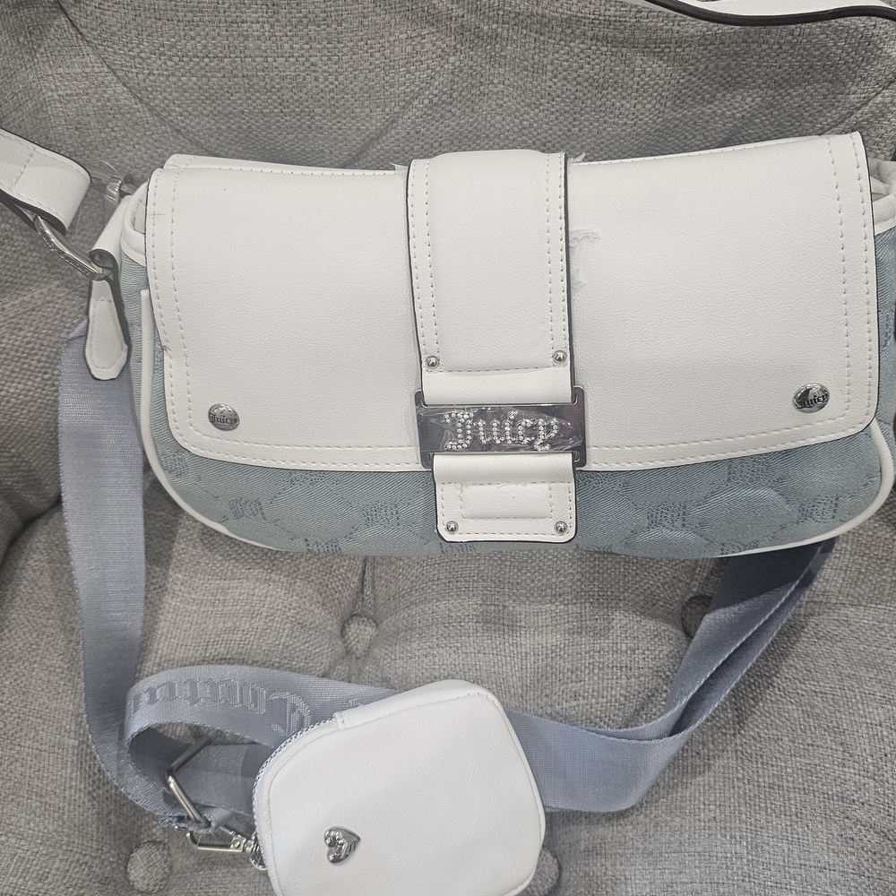 Juicy Couture White and Gray Shoulder Bag with Flap Closure